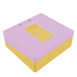 A rectangular case, with a pink top and a yellow bottom, two buttons, and a cutout that reveals internal standoffs. The lighting is even, and it's difficult to discern the geometry.